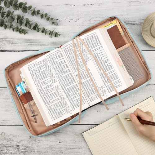 FINDCOZY غطاء الكتاب المقدس FINDCOZY للنساء، حقيبة كنيسة متينة لحمل الكتب مع مقبض وجيب بسحاب، لملحقات الكتاب المقدس، لون تسلان الأزرق - Image 5