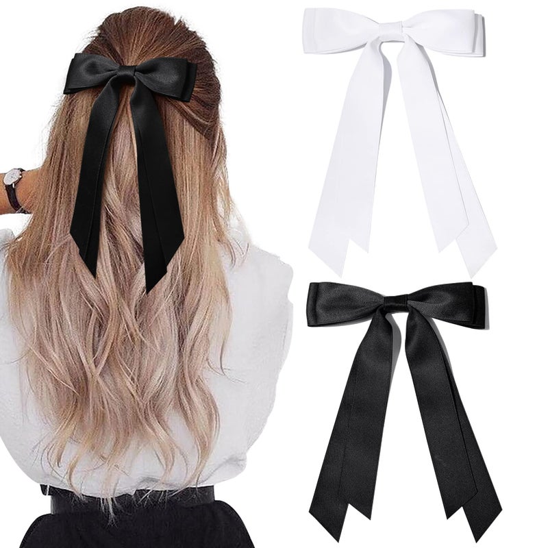 Aileam 2PCS Silky Satin Hair Bows Hair Clip Black White Hair Ribbon Ponytail Holder Accessories Slides Metal Clips Hair Bow for Women Girls Toddlers Teens Kids