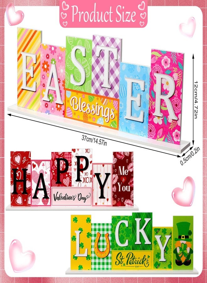 Menkxi 3 Pcs Valentine's Day Easter St. Patrick's Day Decorations Theme Farmhouse Wooden Sign Valentine Sign Table Centerpiece Decor Decorations Decorative Wood Block Set for Home Shelf Tiered Tray - Image 2