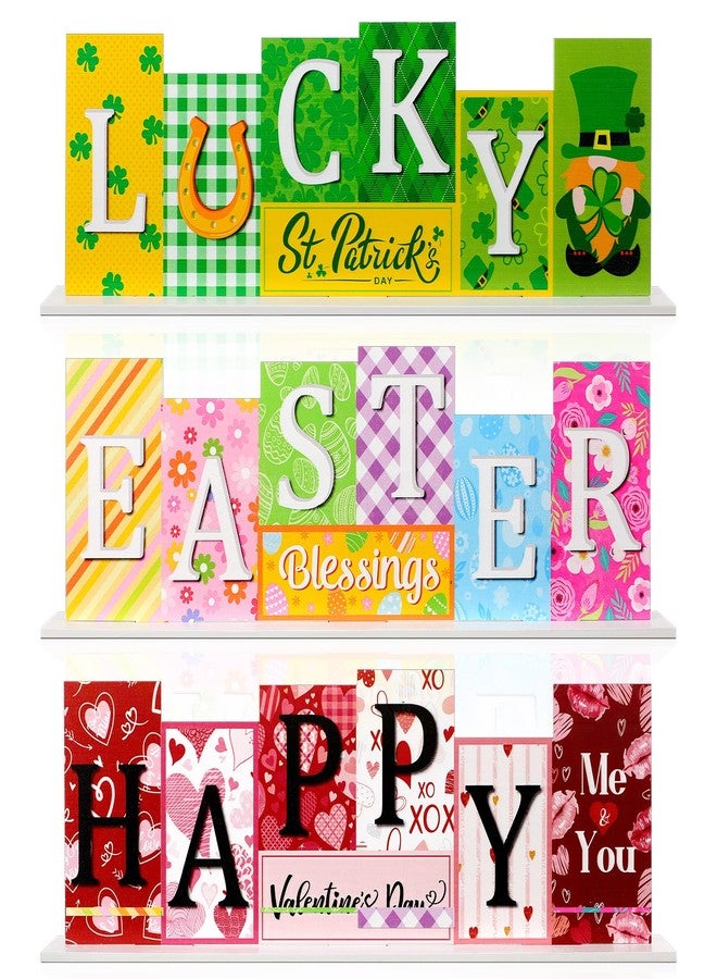Menkxi 3 Pcs Valentine's Day Easter St. Patrick's Day Decorations Theme Farmhouse Wooden Sign Valentine Sign Table Centerpiece Decor Decorations Decorative Wood Block Set for Home Shelf Tiered Tray - Image 1