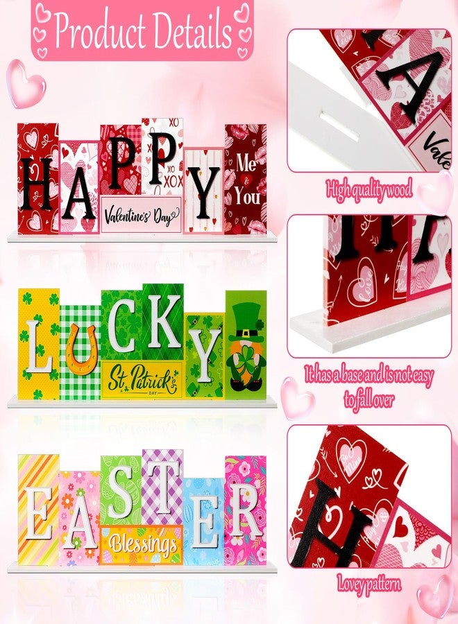 Menkxi 3 Pcs Valentine's Day Easter St. Patrick's Day Decorations Theme Farmhouse Wooden Sign Valentine Sign Table Centerpiece Decor Decorations Decorative Wood Block Set for Home Shelf Tiered Tray - Image 3