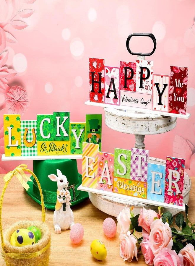 Menkxi 3 Pcs Valentine's Day Easter St. Patrick's Day Decorations Theme Farmhouse Wooden Sign Valentine Sign Table Centerpiece Decor Decorations Decorative Wood Block Set for Home Shelf Tiered Tray - Image 4