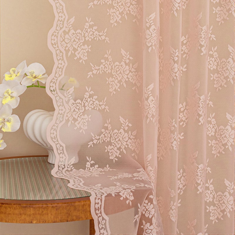 MEETSKY Pink Lace Curtains 63 Inch Length, Sheer Pink Curtain for Girls Room, Floral Vintage Light Filtering Short Curtains for Bedroom Princess Room, Lace Drapes 2 Panels, Each Panel 50W x 63L - Image 1
