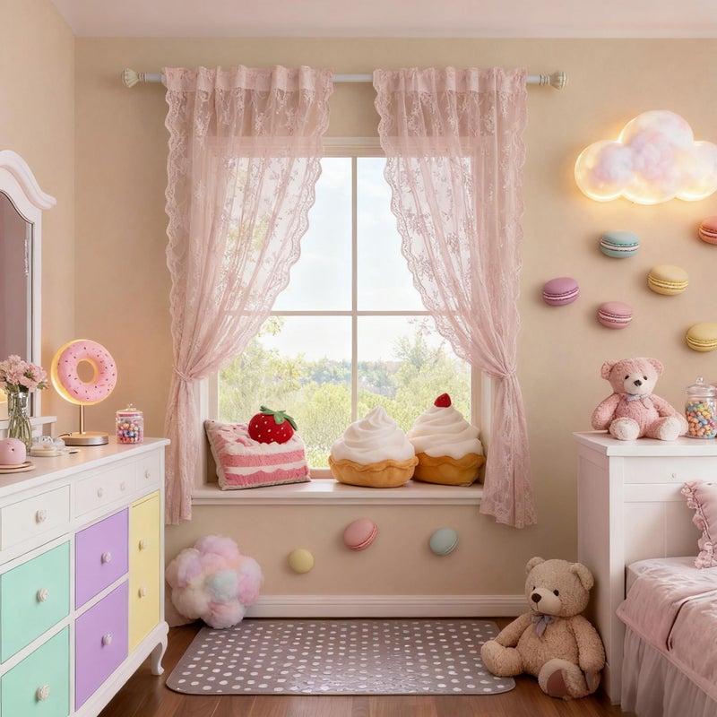 MEETSKY Pink Lace Curtains 63 Inch Length, Sheer Pink Curtain for Girls Room, Floral Vintage Light Filtering Short Curtains for Bedroom Princess Room, Lace Drapes 2 Panels, Each Panel 50W x 63L - Image 2