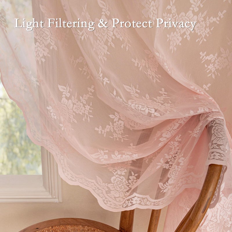 MEETSKY Pink Lace Curtains 63 Inch Length, Sheer Pink Curtain for Girls Room, Floral Vintage Light Filtering Short Curtains for Bedroom Princess Room, Lace Drapes 2 Panels, Each Panel 50W x 63L - Image 4