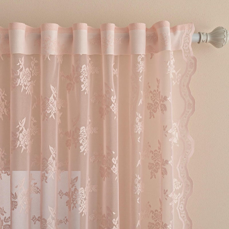 MEETSKY Pink Lace Curtains 63 Inch Length, Sheer Pink Curtain for Girls Room, Floral Vintage Light Filtering Short Curtains for Bedroom Princess Room, Lace Drapes 2 Panels, Each Panel 50W x 63L - Image 3