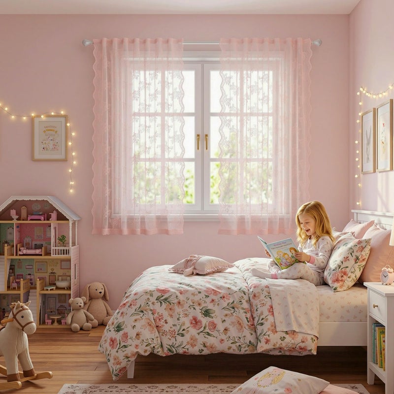 MEETSKY Pink Lace Curtains 63 Inch Length, Sheer Pink Curtain for Girls Room, Floral Vintage Light Filtering Short Curtains for Bedroom Princess Room, Lace Drapes 2 Panels, Each Panel 50W x 63L - Image 5