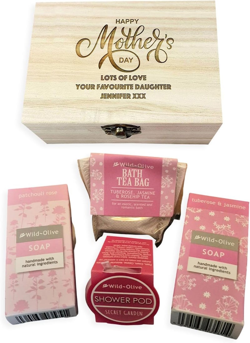 Personalised Mothers Day Gift Engraved Box Set with Handmade Soap Natural Bath Shower Rose Serenity Spa Present for Mum Nan Nanny Gran