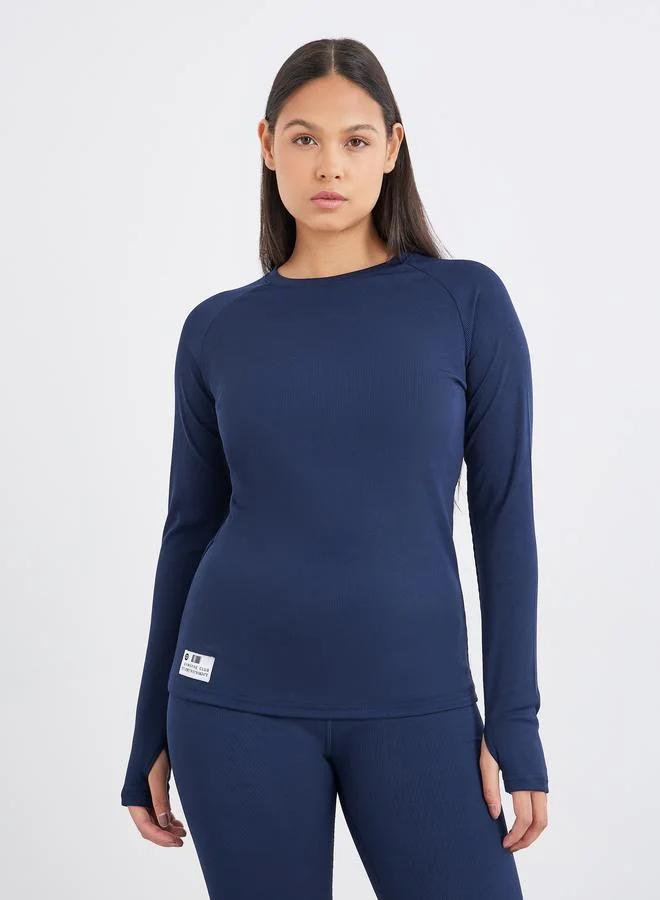 Styli Styli Textured Rib Long Sleeve Top with Badge Detail