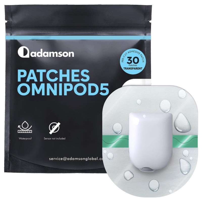 Adamson Omnipod 5 Overpatches â€“ 30 Waterproof Omnipod 5 Adhesive Patches, No Glue on Center, Easy to Apply & Remove, Sweatproof & Skin-Friendly, Secure Hold for Active Lifestyles â€“ PAC2 - Transparent - Image 1