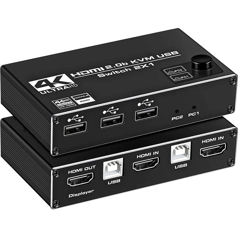 Tobo HDMI KVM Switch, 4K@60Hz USB Switch 2x1 HDMI2.0 Ports + 3X USB KVM Ports, Share 2 Computers to one Monitor, Support Wireless Keyboard and Mouse, USB Disk, Printer, USB Camera,etc. TD-880H - Image 1