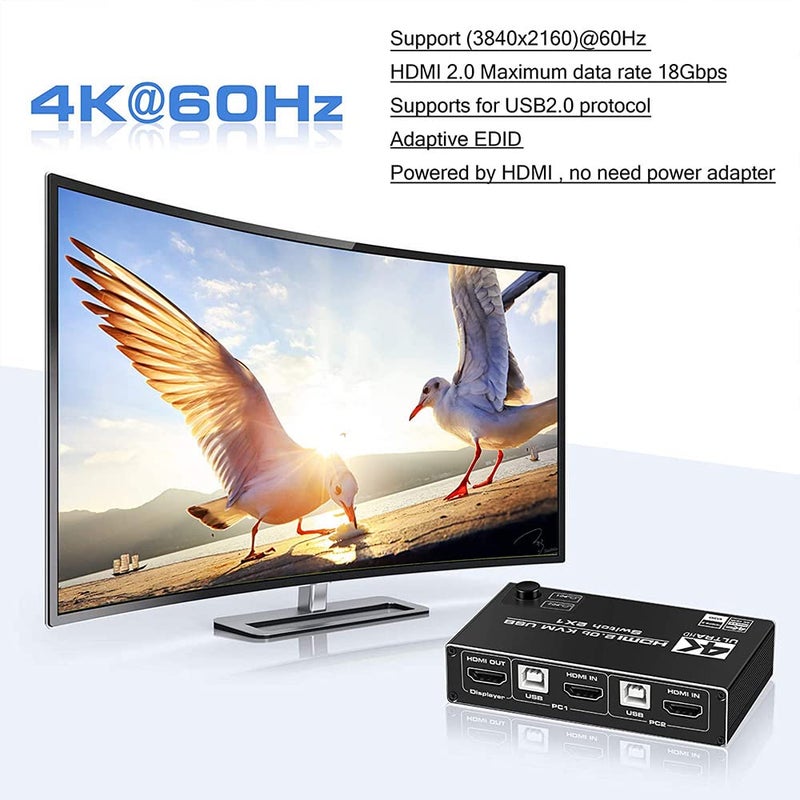 Tobo HDMI KVM Switch, 4K@60Hz USB Switch 2x1 HDMI2.0 Ports + 3X USB KVM Ports, Share 2 Computers to one Monitor, Support Wireless Keyboard and Mouse, USB Disk, Printer, USB Camera,etc. TD-880H - Image 2