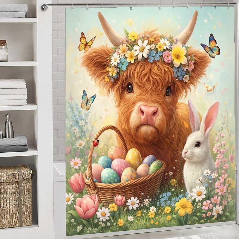Bull with Flowers, Basket of Eggs, and Rabbit in gardenShower Curtain for Bathroom Waterproof Tan Shower Curtain with Hooks 71 inch x 71 inch - Image 2