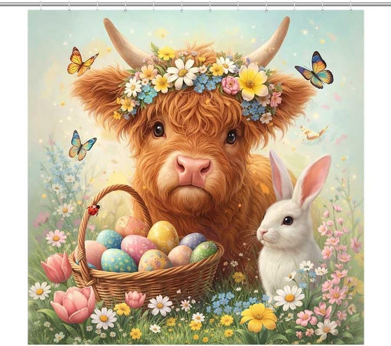 Bull with Flowers, Basket of Eggs, and Rabbit in gardenShower Curtain for Bathroom Waterproof Tan Shower Curtain with Hooks 71 inch x 71 inch - Image 1