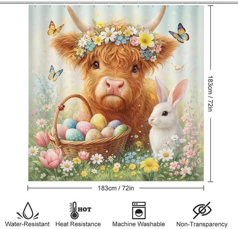 Bull with Flowers, Basket of Eggs, and Rabbit in gardenShower Curtain for Bathroom Waterproof Tan Shower Curtain with Hooks 71 inch x 71 inch - Image 3