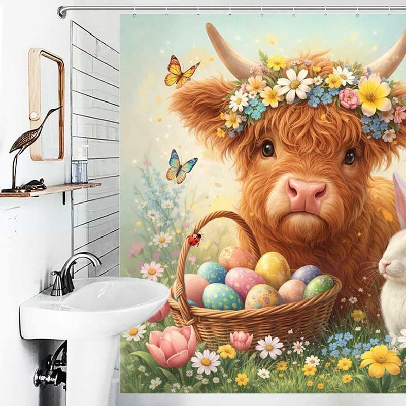 Bull with Flowers, Basket of Eggs, and Rabbit in gardenShower Curtain for Bathroom Waterproof Tan Shower Curtain with Hooks 71 inch x 71 inch - Image 4