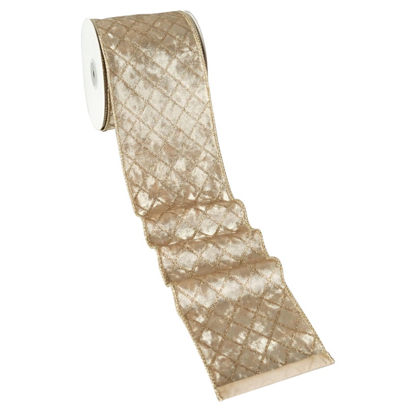 MAYREEL 4 Inch Champagne Gold Velvet Wired Ribbon Metallic Diamond Glitter Grid for Christmas Gift Wrapping Floral Craft Bows Wreaths Garland Wedding Holiday Decor 10 Yards - Image 2