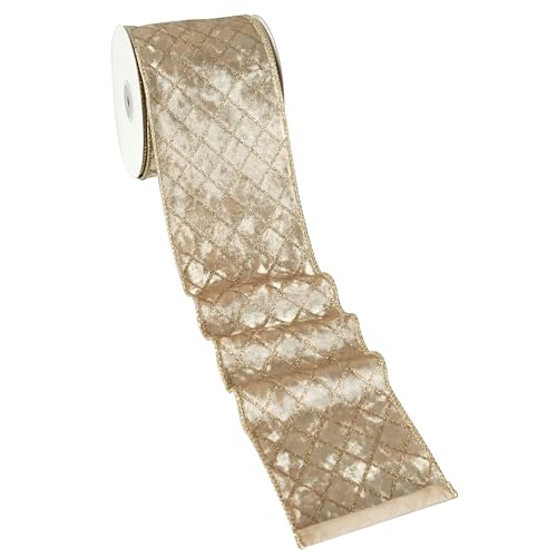 MAYREEL 4 Inch Champagne Gold Velvet Wired Ribbon Metallic Diamond Glitter Grid for Christmas Gift Wrapping Floral Craft Bows Wreaths Garland Wedding Holiday Decor 10 Yards - Image 1