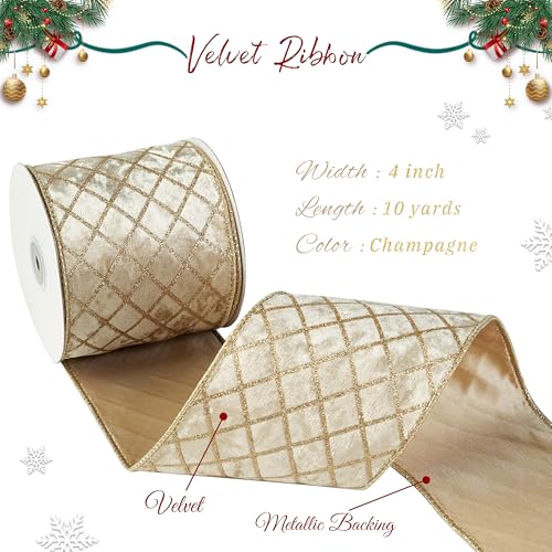 MAYREEL 4 Inch Champagne Gold Velvet Wired Ribbon Metallic Diamond Glitter Grid for Christmas Gift Wrapping Floral Craft Bows Wreaths Garland Wedding Holiday Decor 10 Yards - Image 3