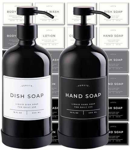 Verute Verute 16oz Glass Soap Dispenser with Stainless Steel Pump 21 Waterproof Labels NonSlip Protective Silicone Pad Set of 2 for Bathroom  Kitchen Gloss Black BottleBlack Pump 