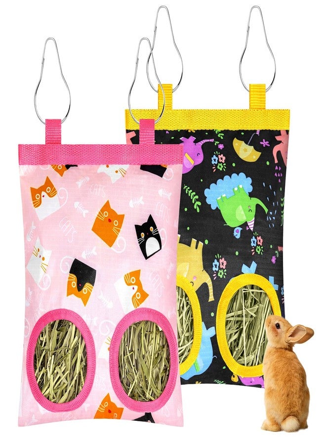 Eilyliafe 2 Pack Rabbits Hay Feeder Bag, 2 Holes Hanging Bunny Hay Feeder Guinea Pig Feeding Bag Storage Dispenser for Bunny Rabbits Chinchillas Hamsters Small Pets and Animals - Image 1