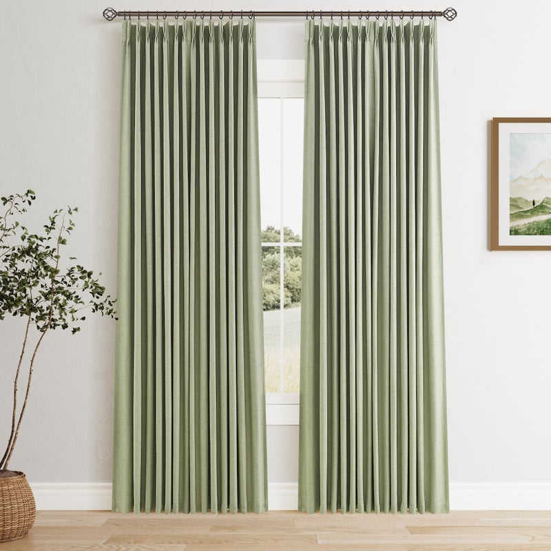 Aersas Sage Green 100% Blackout Pinch Pleated Linen Curtains 84 Inches Long for Bedroom 2 Panels Set Double Layer Thermal Insulated Pinch Pleat Green Black Out Drapes with Hooks Rings Room Darkening Curtain - Image 1