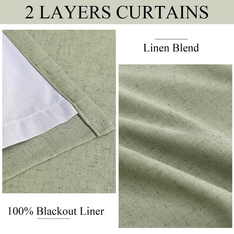 Aersas Sage Green 100% Blackout Pinch Pleated Linen Curtains 84 Inches Long for Bedroom 2 Panels Set Double Layer Thermal Insulated Pinch Pleat Green Black Out Drapes with Hooks Rings Room Darkening Curtain - Image 3