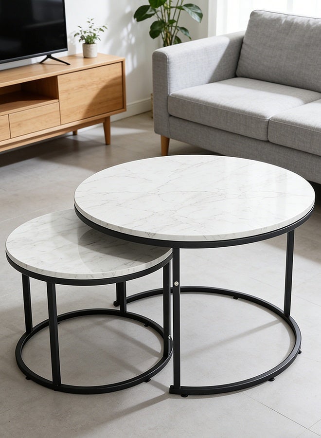 Migue home Set of 2 Nesting Round Coffee Table for Living Room, Easy Assembly, Marble Like Finish, Black and White Color - Image 1