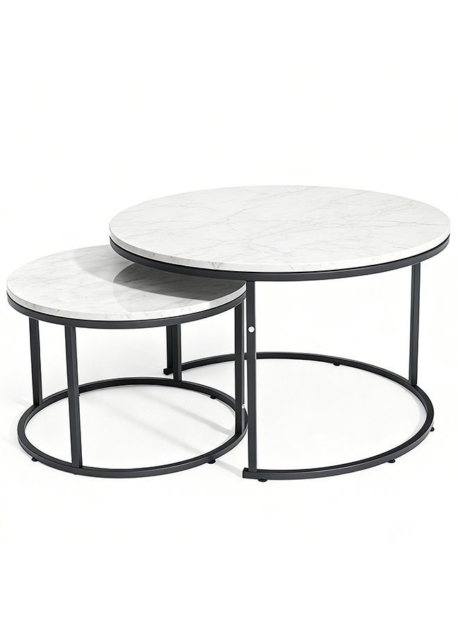 Migue home Set of 2 Nesting Round Coffee Table for Living Room, Easy Assembly, Marble Like Finish, Black and White Color - Image 2