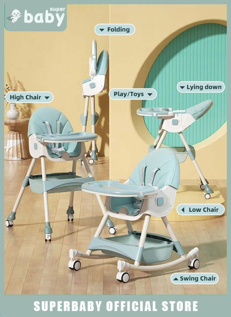 سوبر بيبي 4 في 1 كرسي مرتفع للأطفال، كرسي مرتفع قابل للتحويل، كرسي هزاز للأطفال، كرسي أريكة للأطفال، مقعد معزز لتغذية الأطفال مع صينية، عجلات، مسند للقدمين، حزام أمان ووسادة مقعد للرضع والأطفال الصغار - Image 1