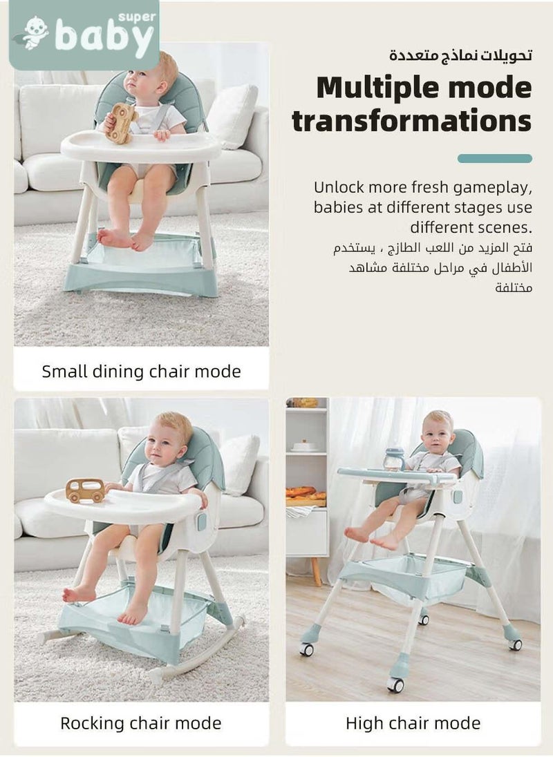 سوبر بيبي 4 في 1 كرسي مرتفع للأطفال، كرسي مرتفع قابل للتحويل، كرسي هزاز للأطفال، كرسي أريكة للأطفال، مقعد معزز لتغذية الأطفال مع صينية، عجلات، مسند للقدمين، حزام أمان ووسادة مقعد للرضع والأطفال الصغار - Image 4