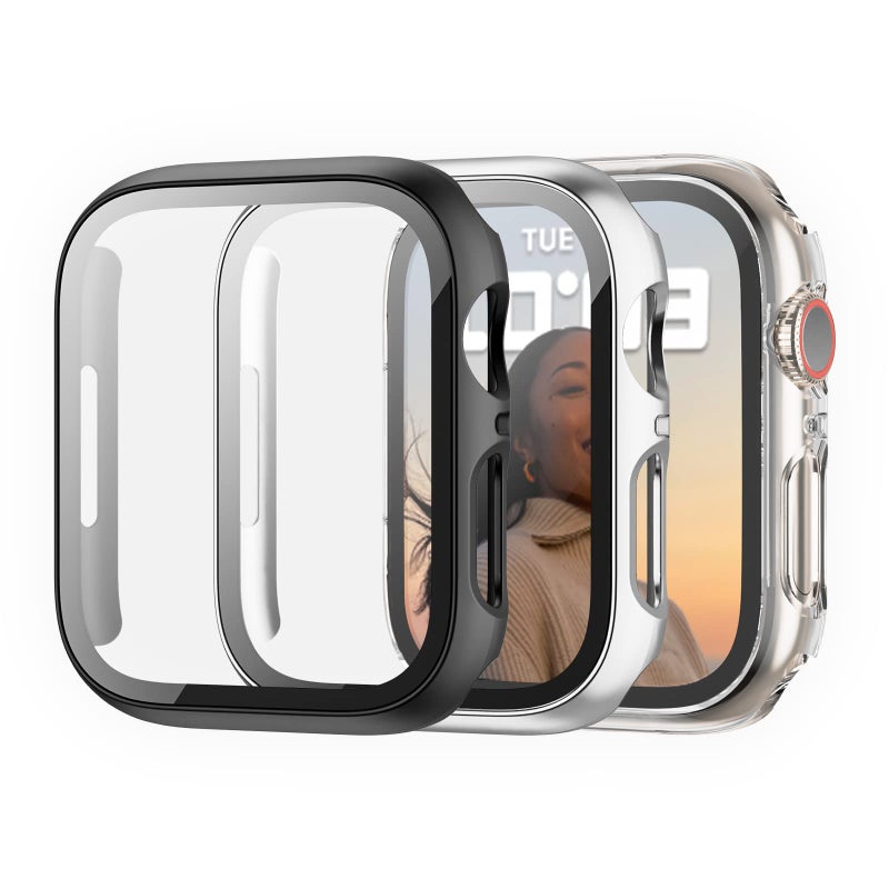 Cuteey Apple Watch Series 7 45mm Case with Tempered Glass Screen Protector, 3 Pack, Black+Silver+Clear - Image 3
