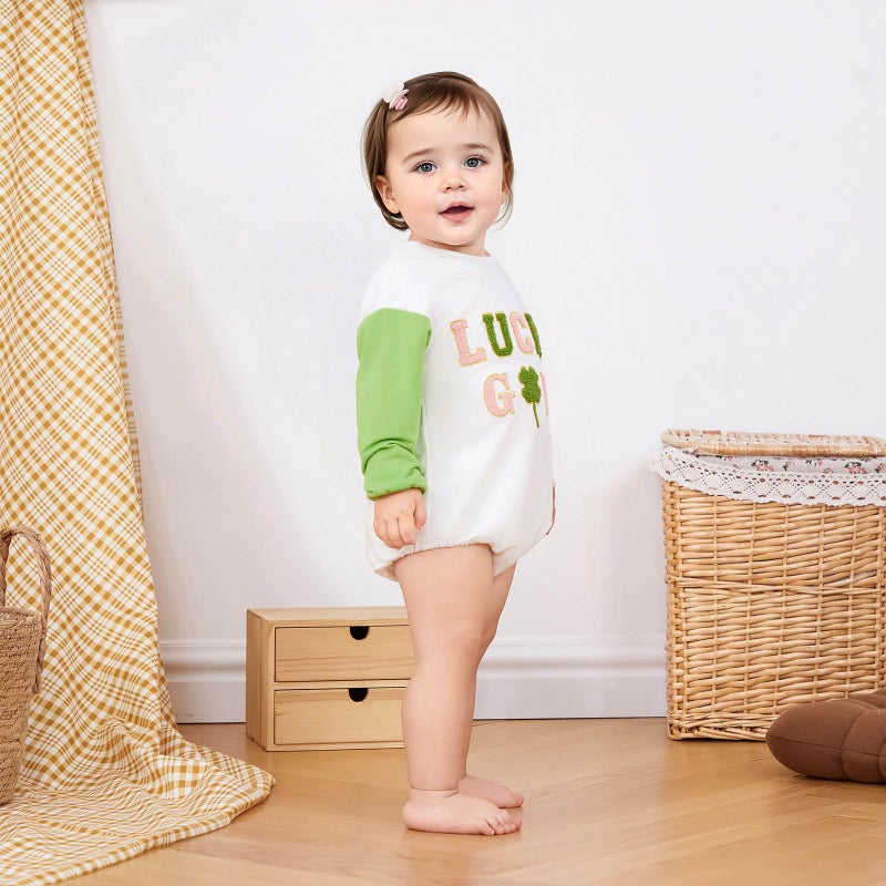FOCUSNORM Newborn Girl Clothes Toddler Baby St. Patrick'S Outfit Long Sleeve Ireland Festival Romper Four Leaf Clover Romper (St. Patrick's Pink, 6-12 Months) - Image 2