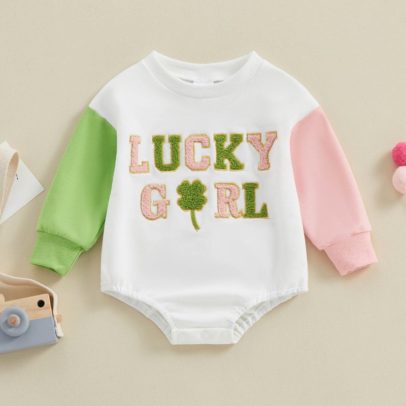 FOCUSNORM Newborn Girl Clothes Toddler Baby St. Patrick'S Outfit Long Sleeve Ireland Festival Romper Four Leaf Clover Romper (St. Patrick's Pink, 6-12 Months) - Image 5