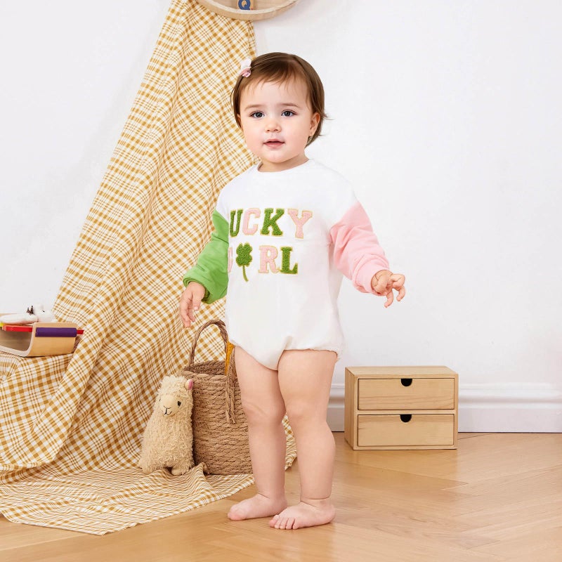 FOCUSNORM Newborn Girl Clothes Toddler Baby St. Patrick'S Outfit Long Sleeve Ireland Festival Romper Four Leaf Clover Romper (St. Patrick's Pink, 6-12 Months) - Image 4