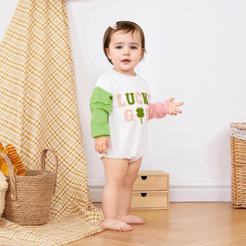FOCUSNORM Newborn Girl Clothes Toddler Baby St. Patrick'S Outfit Long Sleeve Ireland Festival Romper Four Leaf Clover Romper (St. Patrick's Pink, 6-12 Months) - Image 3