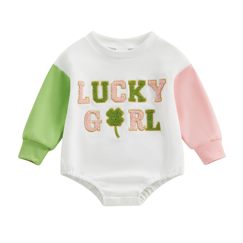 FOCUSNORM Newborn Girl Clothes Toddler Baby St. Patrick'S Outfit Long Sleeve Ireland Festival Romper Four Leaf Clover Romper (St. Patrick's Pink, 6-12 Months) - Image 1