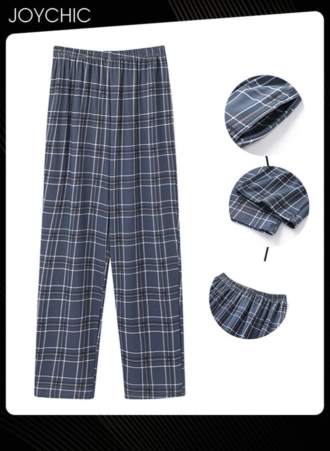 NIBEMINENT Spring and Autumn Men’s Causal Pajama Bottoms Plaid Sleep Trousers Knitted Cotton Loose Comfortable Breathable Youth Indoor Home Pants Blue  - Image 1