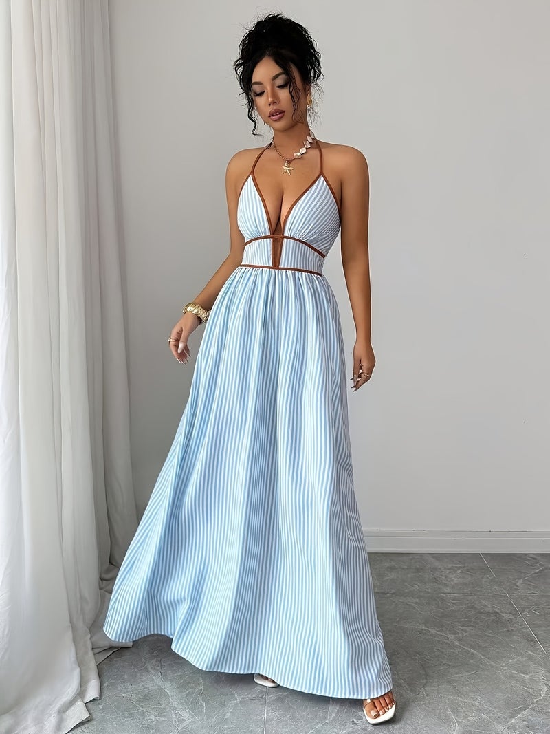 Women's Fashion Halter Neck Tie-Strap Striped Vacation Style Long Dress - Image 4