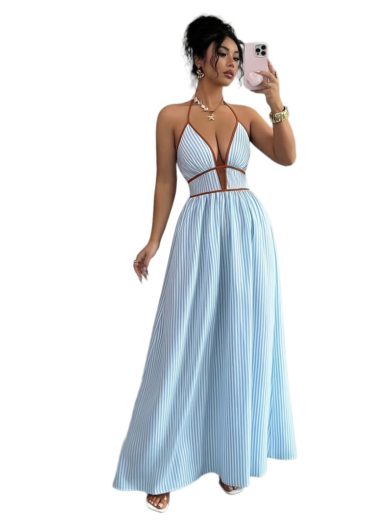 Women's Fashion Halter Neck Tie-Strap Striped Vacation Style Long Dress - Image 1