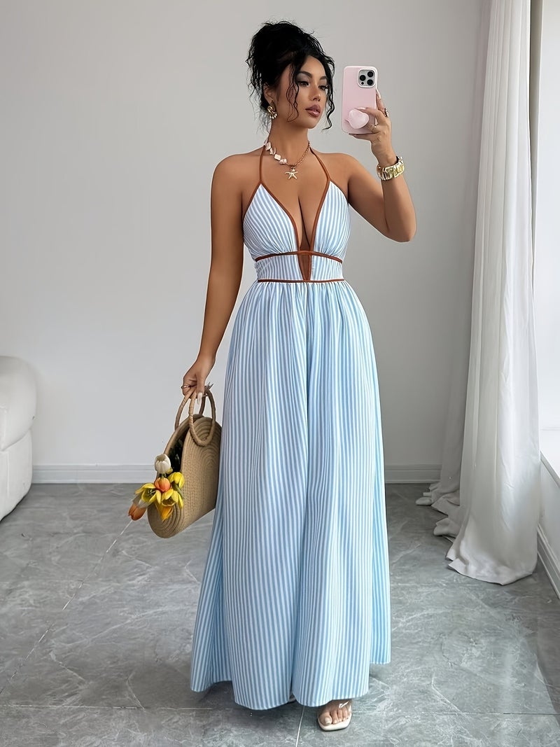 Women's Fashion Halter Neck Tie-Strap Striped Vacation Style Long Dress - Image 2