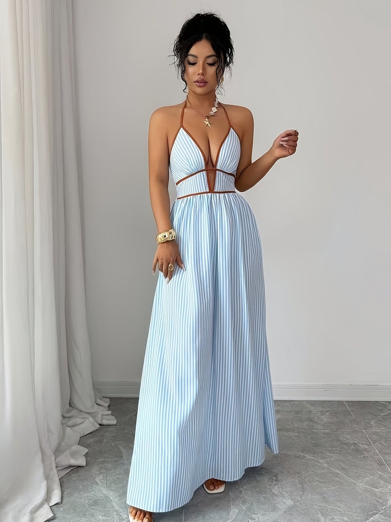 Women's Fashion Halter Neck Tie-Strap Striped Vacation Style Long Dress - Image 3