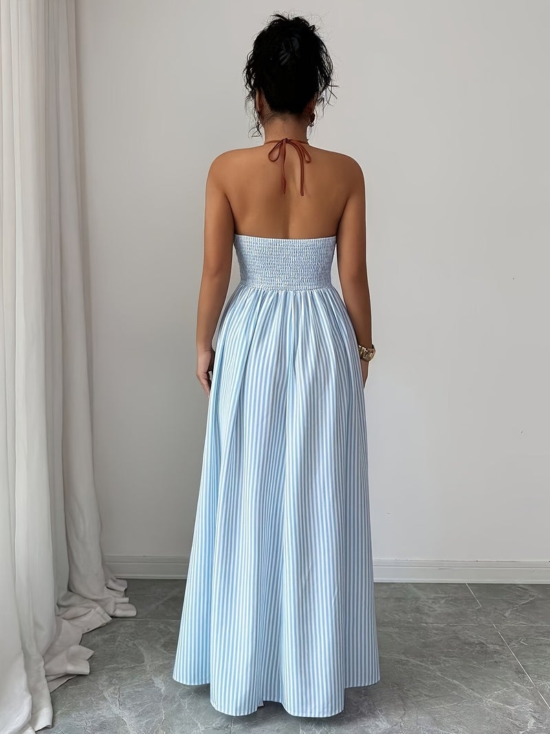 Women's Fashion Halter Neck Tie-Strap Striped Vacation Style Long Dress - Image 5