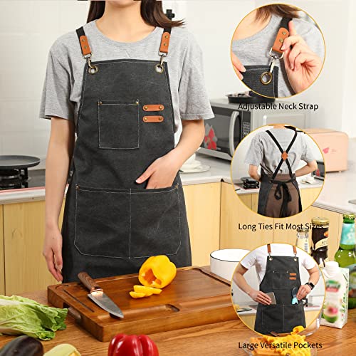 Tosewever Canvas Cross Back Chef Apron for Men Women with Adjustable Straps Large Pockets, Waterdrop Kitchen Heavy Duty Cotton Aprons for Tool Cooking BBQ Artist, M to XXL (Black) - Image 4