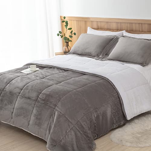 Seward Park Ultra Soft Sherpa Comforter Set Full Queen, Fall Winter All Season Down Alternative Bedding Sets Grey 3 Piece (1 Comforter and 2 Pillow Shams) - Image 1