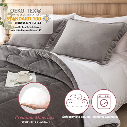 Seward Park Ultra Soft Sherpa Comforter Set Full Queen, Fall Winter All Season Down Alternative Bedding Sets Grey 3 Piece (1 Comforter and 2 Pillow Shams) - Image 3