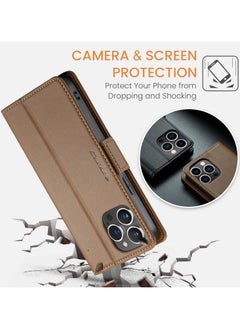 CaseMe Flip Wallet Case For iPhone 13 Pro Max [RFID Blocking] PU Leather Wallet Flip Folio Case with Card Holder Kickstand Shockproof Phone Cover (Brown)  - Image 3