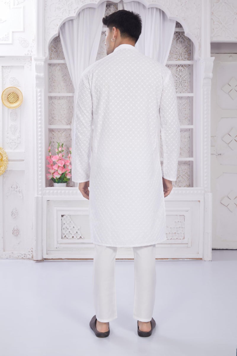 DIVISIVE Men's Thread Embroidered Cotton Only Slim Fit Kurta (DKRT633_S_White) - Image 4