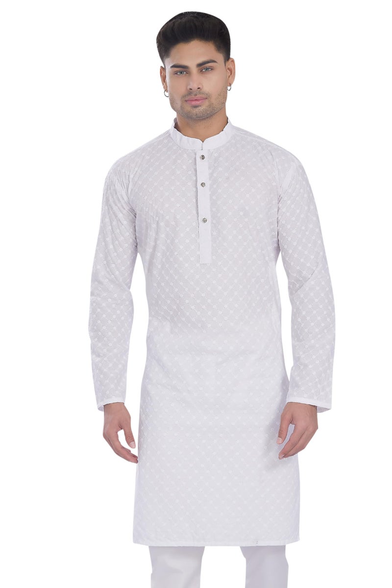 DIVISIVE Men's Thread Embroidered Cotton Only Slim Fit Kurta (DKRT633_S_White) - Image 1