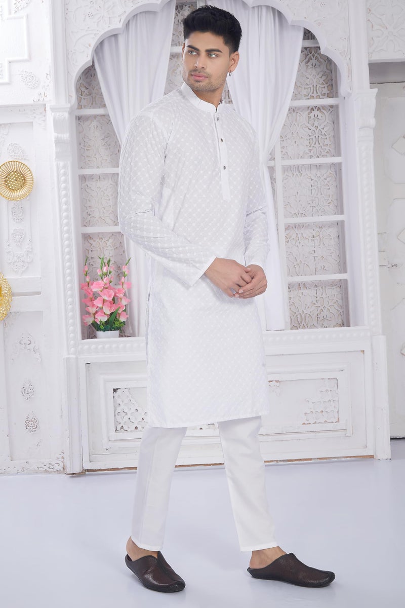 DIVISIVE Men's Thread Embroidered Cotton Only Slim Fit Kurta (DKRT633_S_White) - Image 3